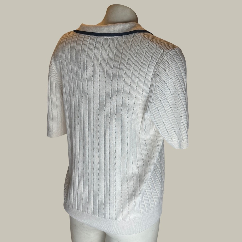 Adrianna Papell Ivory Ribbed Pointelle Knit Polo Top Navy Trim XL AD1S301702 - Picture 2 of 8